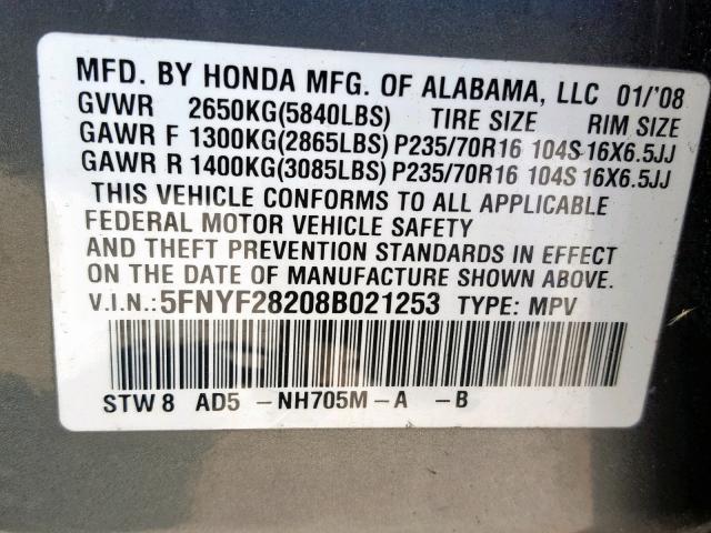 5FNYF28208B021253 - 2008 HONDA PILOT VP GRAY photo 10