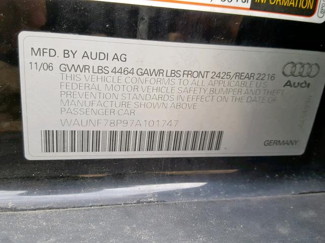 WAUNF78P97A101747 - 2007 AUDI A3 2.0 PRE BLACK photo 10