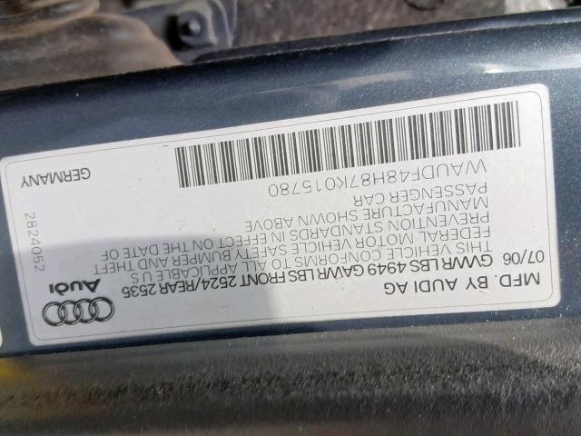 WAUDF48H87K015780 - 2007 AUDI A4 2.0T CA GRAY photo 10