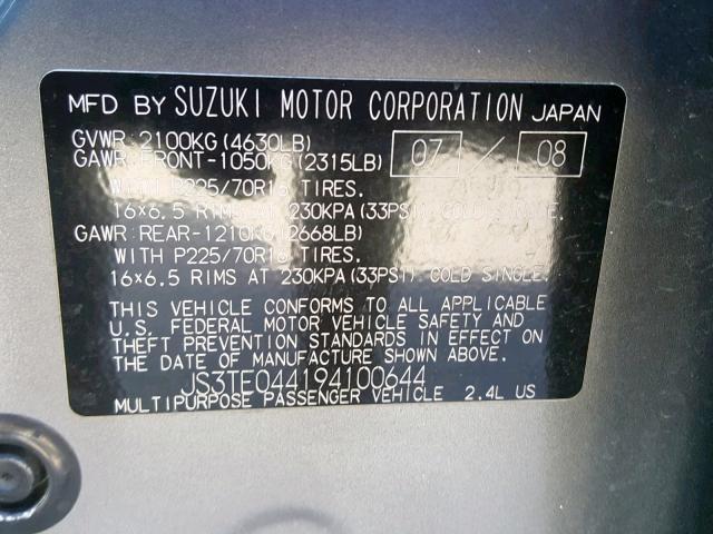 JS3TE044194100644 - 2009 SUZUKI GRAND VITA GRAY photo 10