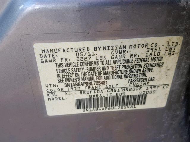 3N1AB6AP8BL725481 - 2011 NISSAN SENTRA 2.0 GRAY photo 10