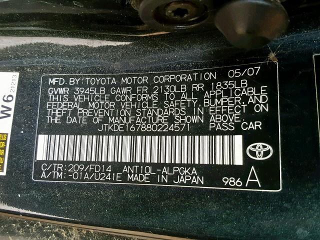 JTKDE167880224571 - 2008 TOYOTA SCION TC შავი ფოტო 10