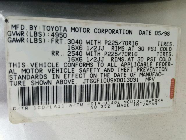 JT6GF10U9X0013031 - 1999 LEXUS RX 300 SILVER photo 10