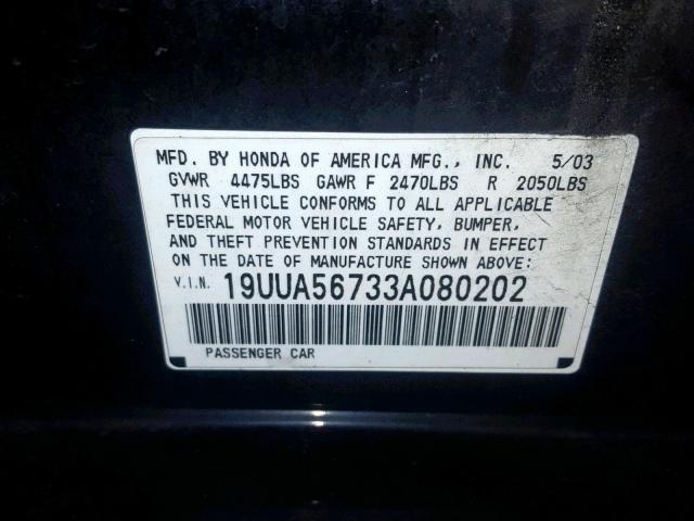 19UUA56733A080202 - 2003 ACURA 3.2TL BLACK photo 10