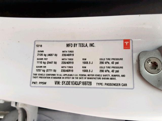 5YJ3E1EA3JF169728 - 2018 TESLA MODEL 3 WHITE photo 10