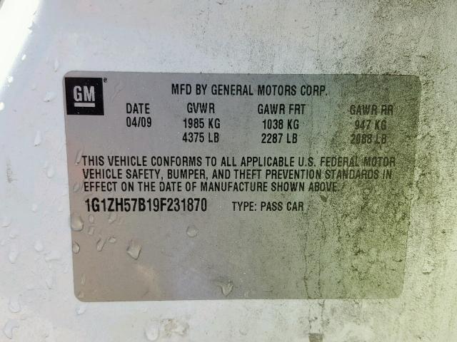 1G1ZH57B19F231870 - 2009 CHEVROLET MALIBU 1LT 白色 照片 10