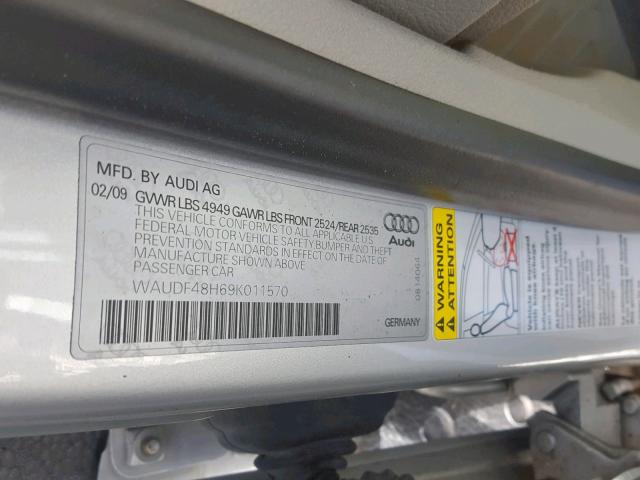 WAUDF48H69K011570 - 2009 AUDI A4 2.0T CA SILVER photo 10