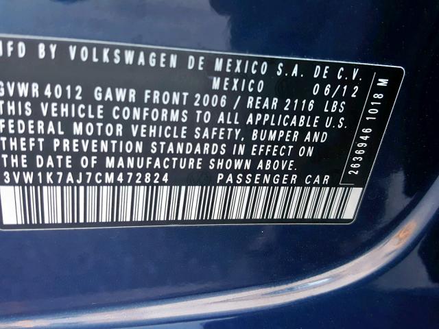 3VW1K7AJ7CM472824 - 2012 VOLKSWAGEN JETTA BASE BLACK photo 10