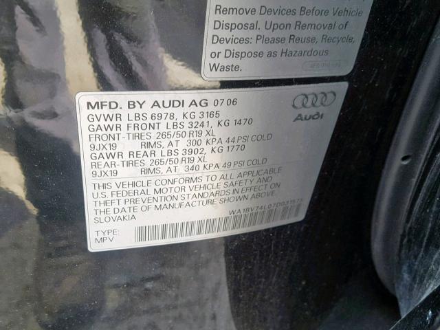 WA1BV74L07D031575 - 2007 AUDI Q7 4.2 QUA BLACK photo 10