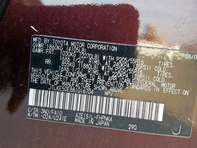 JTLKE50E881016704 - 2008 TOYOTA SCION XB 勃艮第红 照片 10