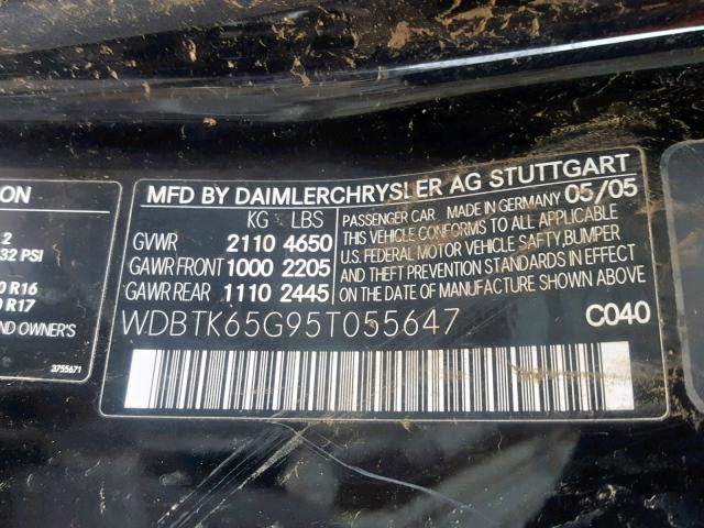 WDBTK65G95T055647 - 2005 MERCEDES-BENZ CLK 320 BLACK photo 10