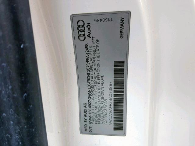 WAUVVAFR2BA073867 - 2011 AUDI S5 PRESTIG WHITE photo 10