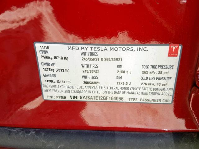 5YJSA1E12GF164066 - 2016 TESLA MODEL S RED photo 10