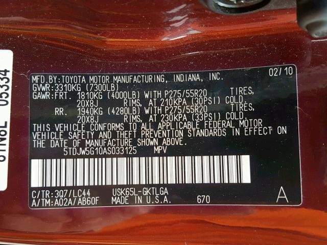 5TDJW5G10AS033125 - 2010 TOYOTA SEQUOIA LI BURGUNDY photo 10