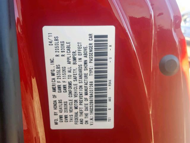 1HGCS2B87BA007368 - 2011 HONDA ACCORD EXL RED photo 10