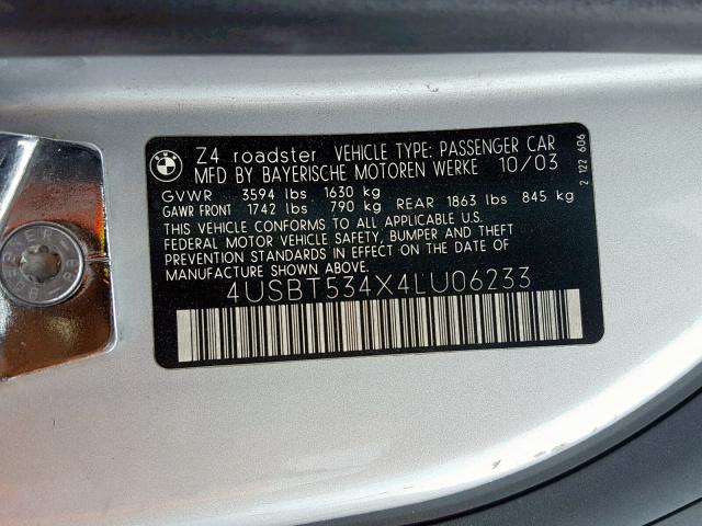 4USBT534X4LU06233 - 2004 BMW Z4 3.0 SILVER photo 10