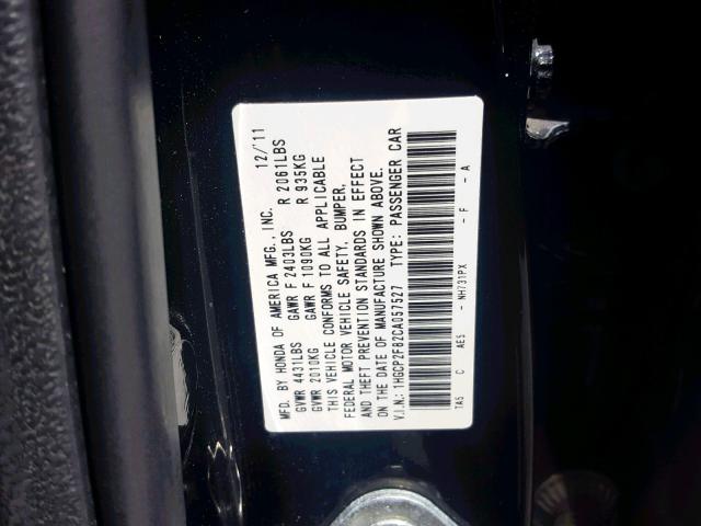 1HGCP2F82CA057527 - 2012 HONDA ACCORD EXL BLACK photo 10