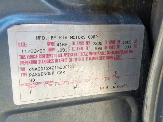 KNAGD124215032121 - 2001 KIA OPTIMA MAG GRAY photo 10