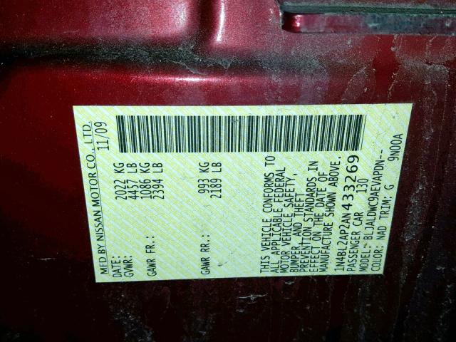 1N4BL2AP2AN433269 - 2010 NISSAN ALTIMA SR MAROON photo 10