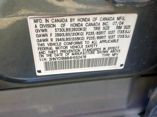 2HNYD18884H552476 - 2004 ACURA MDX TOURIN GRAY photo 10