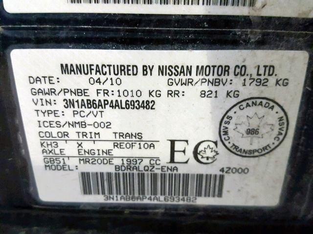 3N1AB6AP4AL693482 - 2010 NISSAN SENTRA 2.0 BLACK photo 10