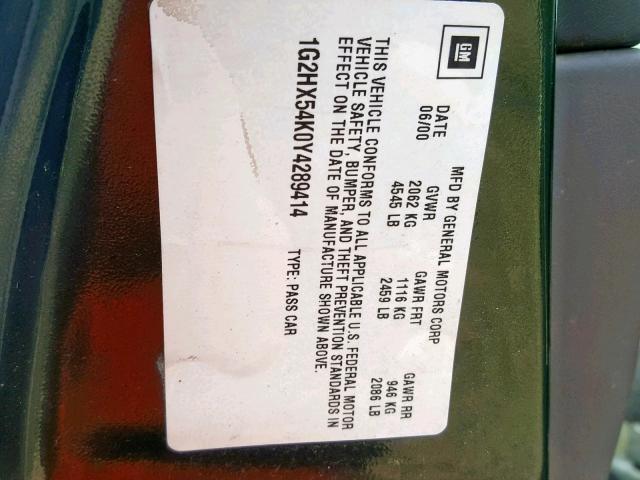 1G2HX54K0Y4289414 - 2000 PONTIAC BONNEVILLE GREEN photo 10