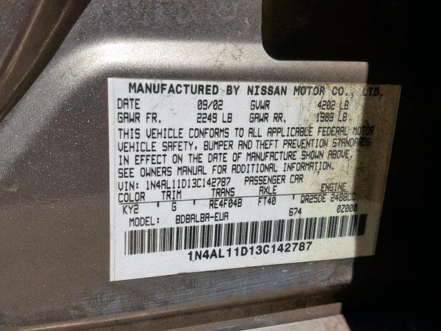 1N4AL11D13C142787 - 2003 NISSAN ALTIMA BAS GRAY photo 10