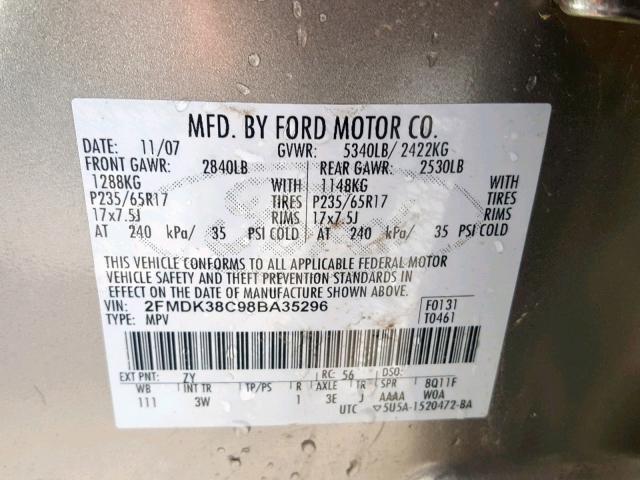 2FMDK38C98BA35296 - 2008 FORD EDGE SEL SILVER photo 10