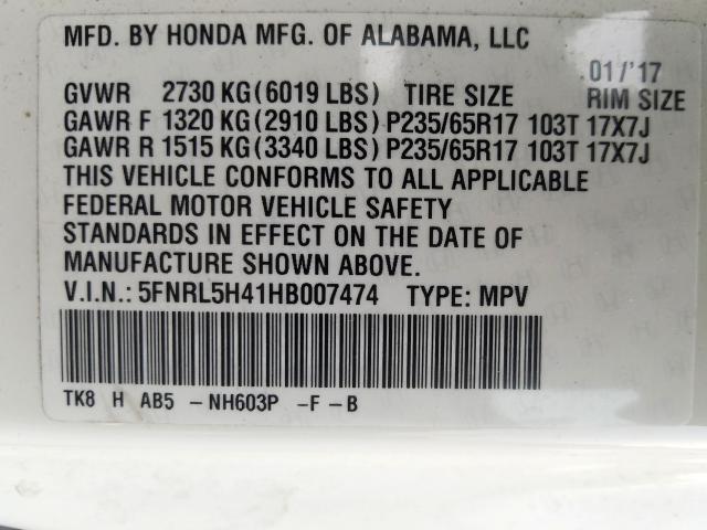 5FNRL5H41HB007474 - 2017 HONDA ODYSSEY EX  photo 10