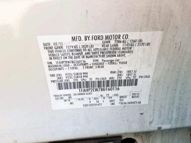 1FAHP2EW7BG160156 - 2011 FORD TAURUS SEL WHITE photo 10