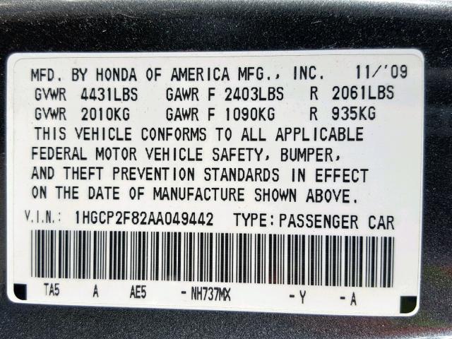 1HGCP2F82AA049442 - 2010 HONDA ACCORD EXL GRAY photo 10