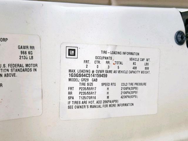 1G3GS64C514159459 - 2001 OLDSMOBILE AURORA 4.0 CREAM photo 10