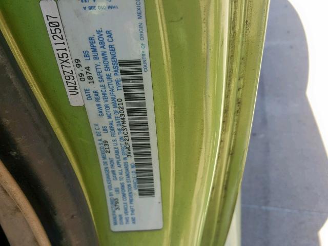 3VWCF21C3YM430210 - 2000 VOLKSWAGEN NEW BEETLE GREEN photo 10