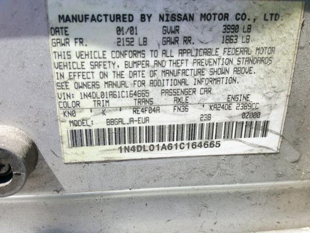 1N4DL01A61C164665 - 2001 NISSAN ALTIMA GXE SILVER photo 10