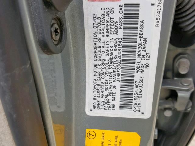 JTHBF30G320081843 - 2002 LEXUS ES 300 GRAY photo 10