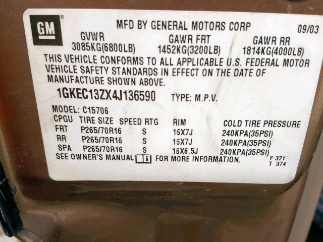 1GKEC13ZX4J136590 - 2004 GMC YUKON GOLD photo 10