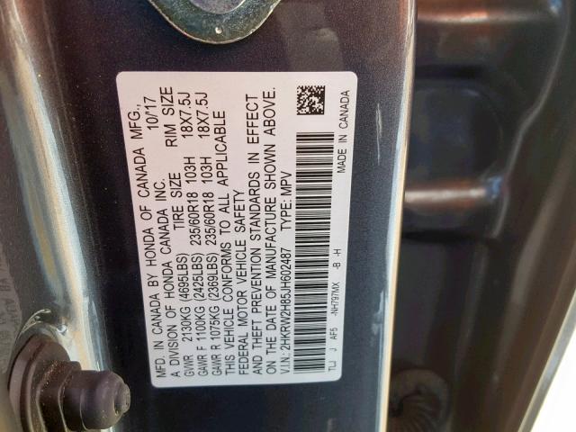 2HKRW2H85JH602487 - 2018 HONDA CR-V EXL GRAY photo 10