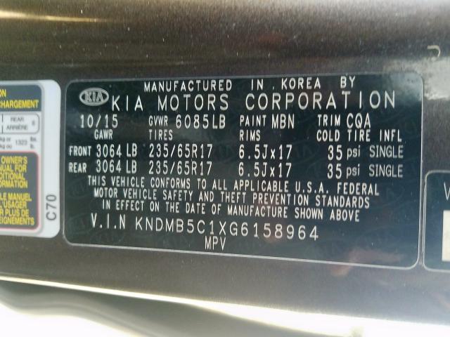 KNDMB5C1XG6158964 - 2016 KIA SEDONA LX  photo 10