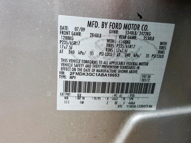 2FMDK3GC1ABA16653 - 2010 FORD EDGE SE SILVER photo 10