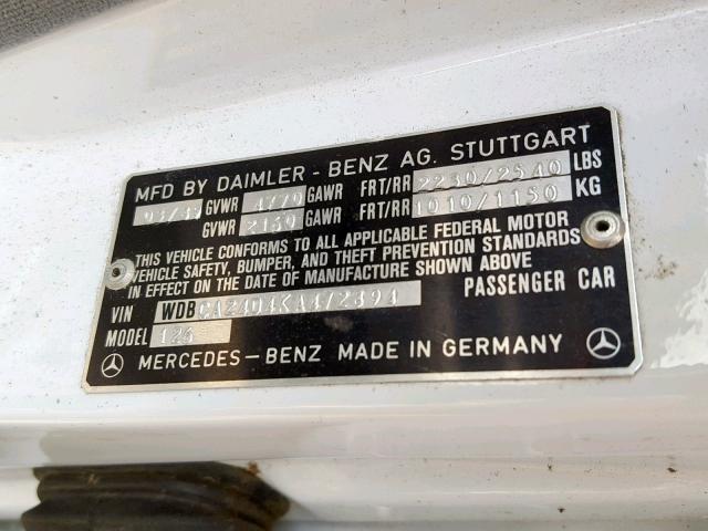 WDBCA24D4KA472894 - 1989 MERCEDES-BENZ 300 SE WHITE photo 10