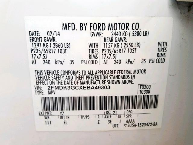 2FMDK3GCXEBA49303 - 2014 FORD EDGE SE WHITE photo 10