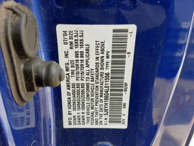 5J6YH18604L011556 - 2004 HONDA ELEMENT EX BLUE photo 10