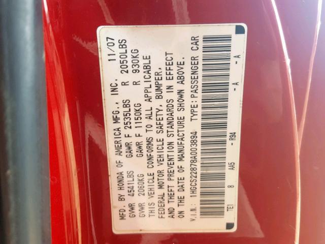 1HGCS22878A003894 - 2008 HONDA ACCORD EXL RED photo 10