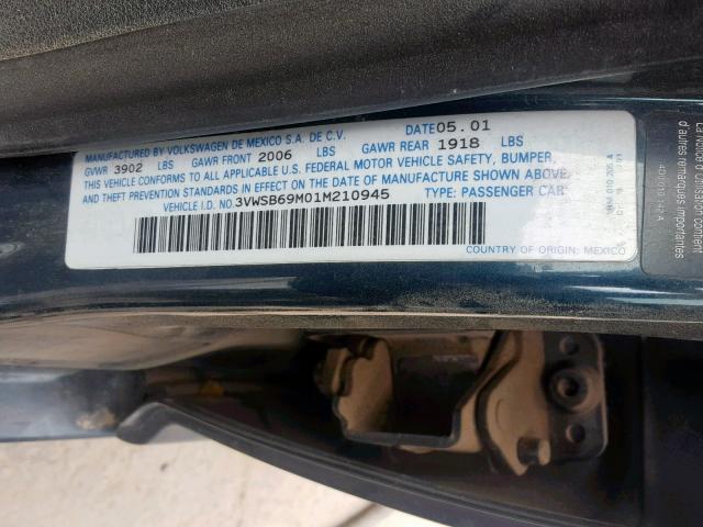 3VWSB69M01M210945 - 2001 VOLKSWAGEN JETTA GLS BLUE photo 10