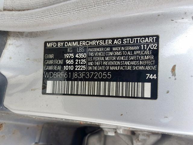 WDBRF61J83F372055 - 2003 MERCEDES-BENZ C 240 SILVER photo 10