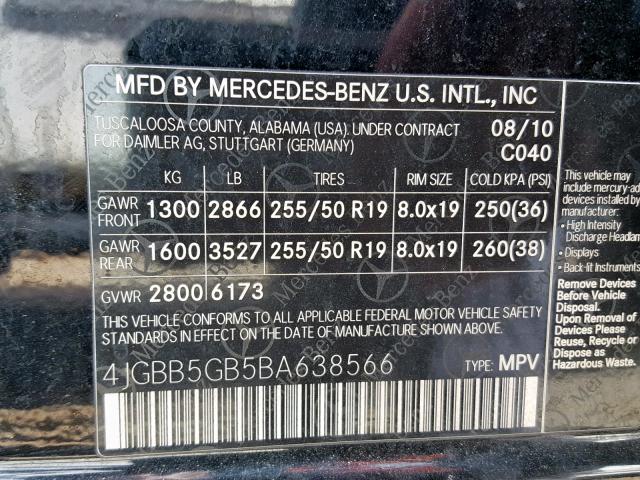 4JGBB5GB5BA638566 - 2011 MERCEDES-BENZ ML 350 BLACK photo 10