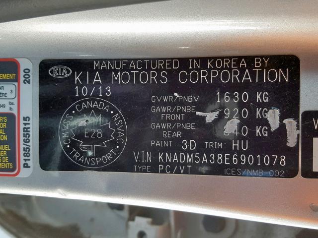 KNADM5A38E6901078 - 2014 KIA RIO LX SILVER photo 10