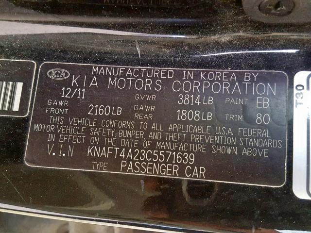 KNAFT4A23C5571639 - 2012 KIA FORTE LX BLACK photo 10