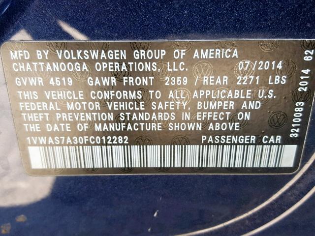 1VWAS7A30FC012282 - 2015 VOLKSWAGEN PASSAT S BLUE photo 10