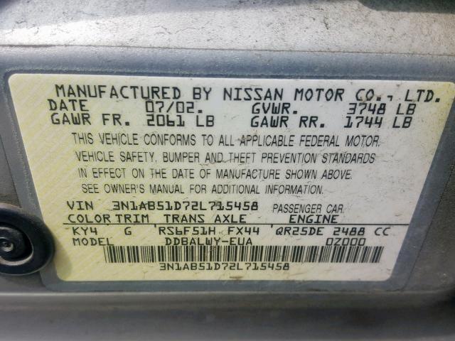 3N1AB51D72L715458 - 2002 NISSAN SENTRA SE- SILVER photo 10